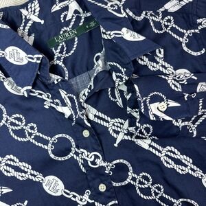 LRL Ralph Lauren Blouse Women's Small Nautical Rope‎ Print Cotton Button Up Navy